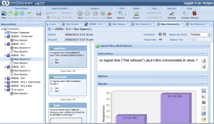 Vue générale sur l'application web par l'enseignant, avec la possibilité de définir de nouvelles questions, de visualiser en direct les résultats d'une session, etc.